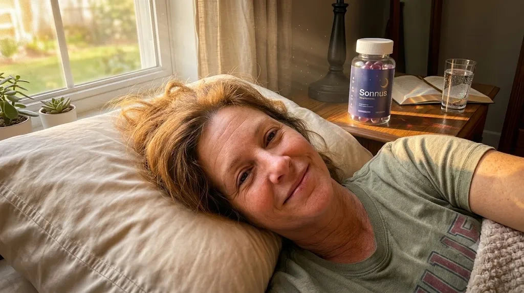 A woman waking rested with Sonnus Gummies on the nightstand
