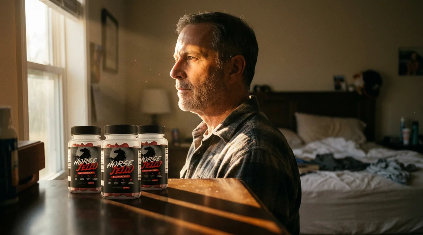 A man at his bedroom window at dawn, three months of Horse Jello on the dresser